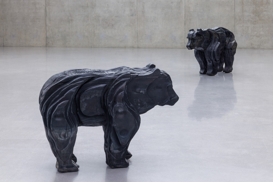 Małgorzata Mirga-Tas, Tełe Ćerhenia Jekh Jag, Exhibition view third floor Kunsthaus Bregenz, 2025, Ryćhino (Roma Bear), 2025. Photo: Markus Tretter. © Małgorzata Mirga-Tas, Kunsthaus Bregenz. Courtesy of the artist, Foksal Gallery Foundation, Warsaw, Frith Street Gallery, London, Karma International, Zurich