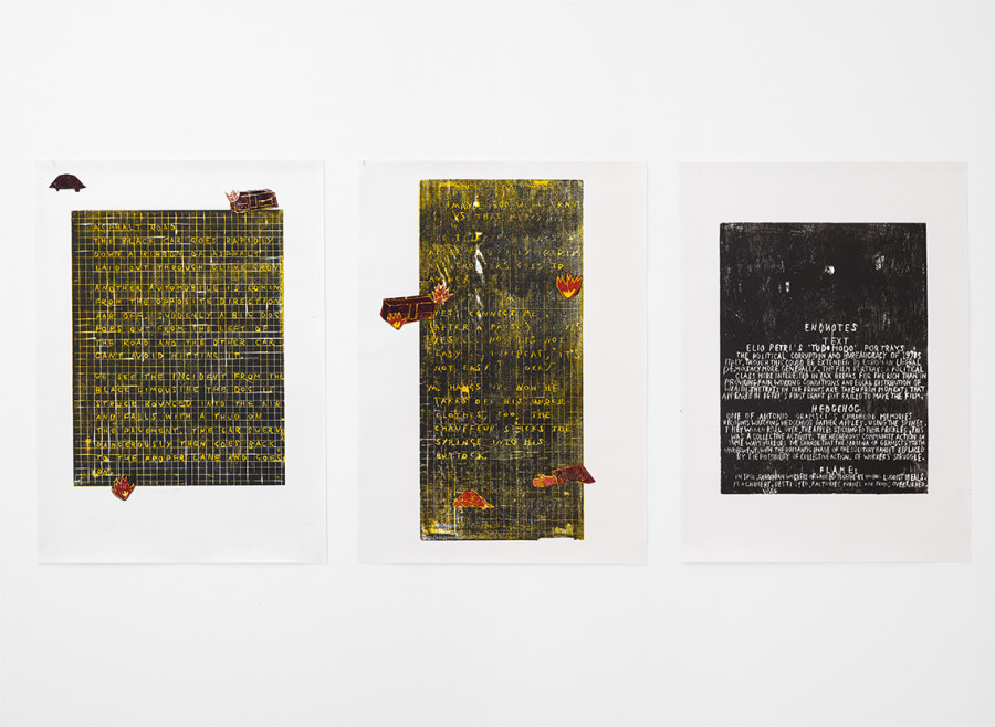 Andrea Celeste La Forgia & Max Fletcher, Todo Modo (Page 9), 59 × 41.5 cm, 2022; Todo Modo (Page 61), 59 × 41.5 cm, 2022; Todo Modo (Endotes), 59 × 41.5 cm, 2023; Woodcut Print / Photo: Cedric Mussano / Courtesy: The artist and Kirchgasse Gallery, Steckborn