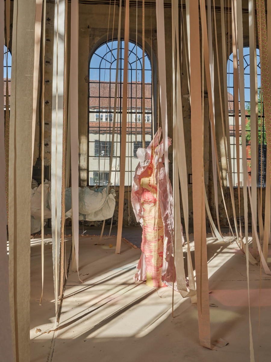 Karla Black, 'Safety As A Stance', 2025, installation view 'Karla Black', Kunstraum Dornbirn 2025, Photo Günter Richard Wett, © Karla Black, Courtesy Galerie Gisela Capitain, Cologne and Modern Art, London.