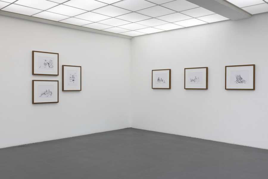 Noemi Pfister, L’ Annunciazione, 2021; Colazione sull‘Erba, 2021; Invasione di Locuste, 2023; Omaggio alle Mondine, 2020; Le Ali della Libertà, 2021; Ohne Titel, 2021, Kugelschreiber auf Papier, je 50 × 60 cm (gerahmt). Installation view Kunsthaus Baselland. Photo: Gina Folly