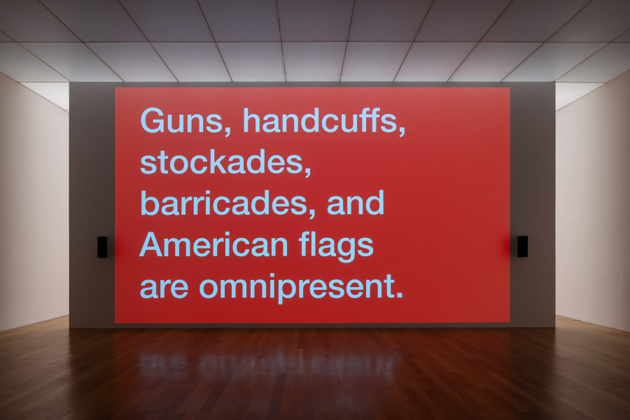 Installation view, Tony Cokes, Let Yourself Be Free, Kunstmuseum Liechtenstein, 2025-2026. Photo credit: kunst-dokumentation.com. © Tony Cokes / Kunstmuseum Liechtenstein