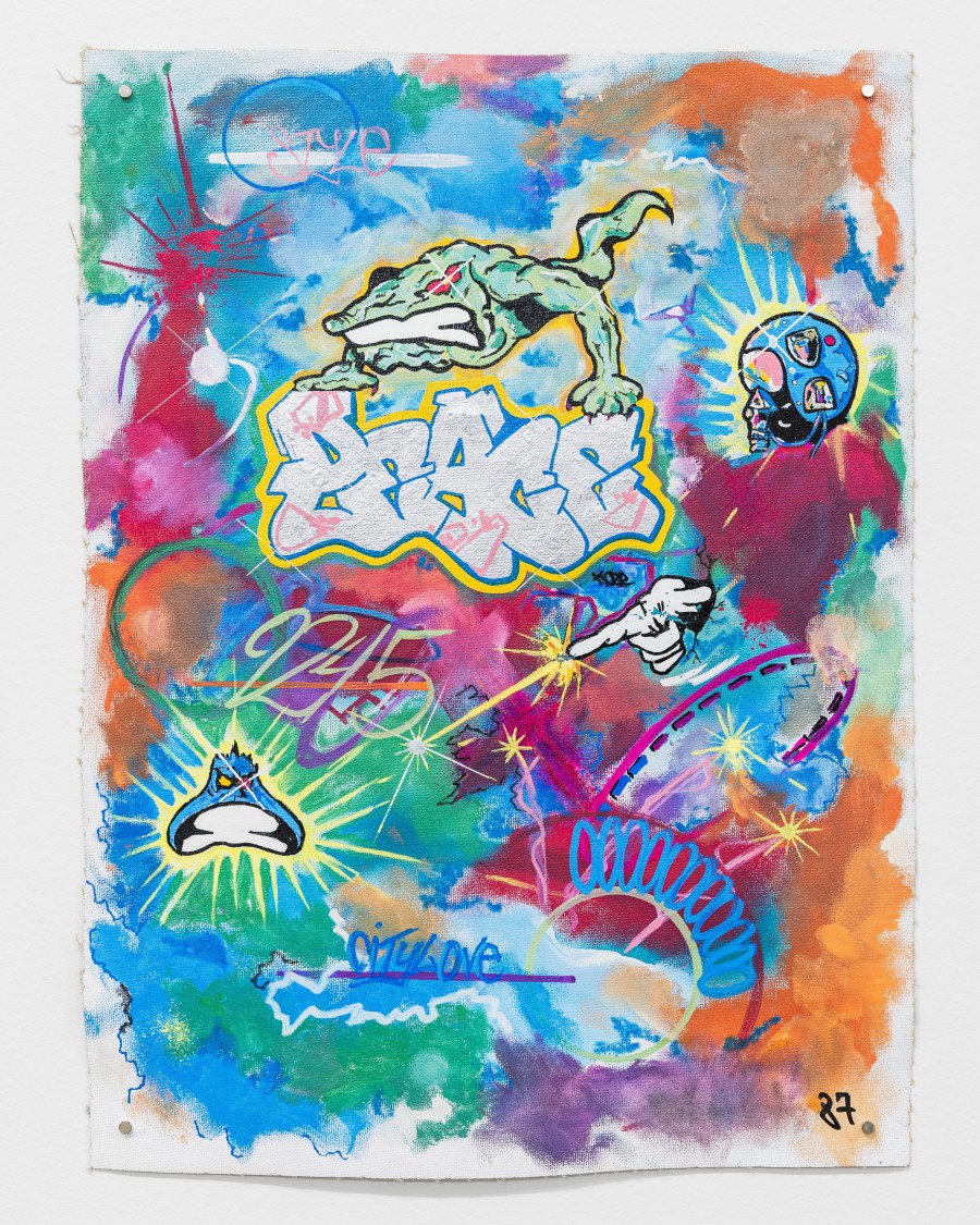 Exhibition view « La déferlante hip hop », Koze, Peace, 1986, 45 x 35,5 cm, acrylic and spray on canvas, CALM - Centre d'Art La Meute, Lausanne, Switzerland, 2025 / Photo: Théo Dufloo / Courtesy of the artist.
