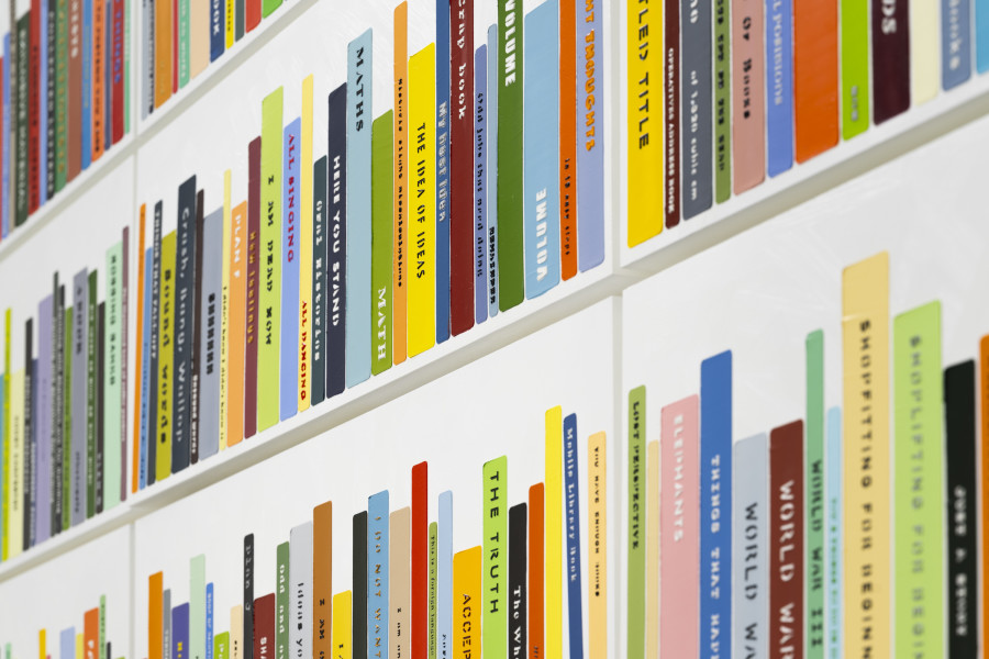 Exhibition view, John Wood & Paul Harrison, Love Songs for Desperados, detail view of, Some Painted Books, 2025, von Bartha, Basel, 2025. Photo: Andreas Zimmermann / von Bartha