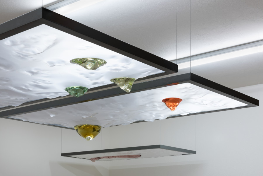 Valentina Pini , installation view, “Plump and warm, they slip out of hand “, PET-G,dyes, organic resin, metal structure,
65x127 cm, 2021. Photo credits: Mattia Angelini