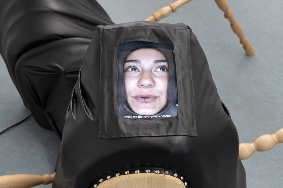 Collectif Je t’aime, If the collective was a tattoo, how many laser sessions would it take to erase it? (detail), 2025, Turned wood, faux leather, and 2-channel video, 82 × 160 × 200 cm, 15:31’, 09:15’ Video credits: Lester Kielstein. Photo credits: marytwo