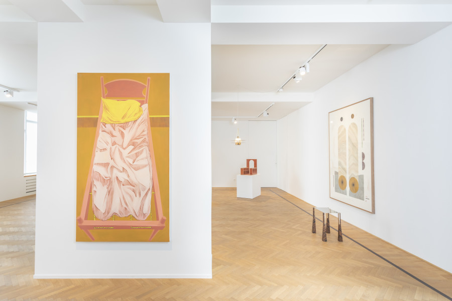Installation shots of Interior" with works by Elena Alonso, EJR Barnes, Christian Hidaka, Caitlin MacBride, Kilian Rüthemann, Sam Stewart, Laila Tara H, Raphaël Zarka, exhibited at Galerie Fabian Lang, Zurich, (21 April 2023 - 2 June 2023). Credit: Courtesy of the artists and Galerie Fabian Lang. Copyright: © Fabian Lang