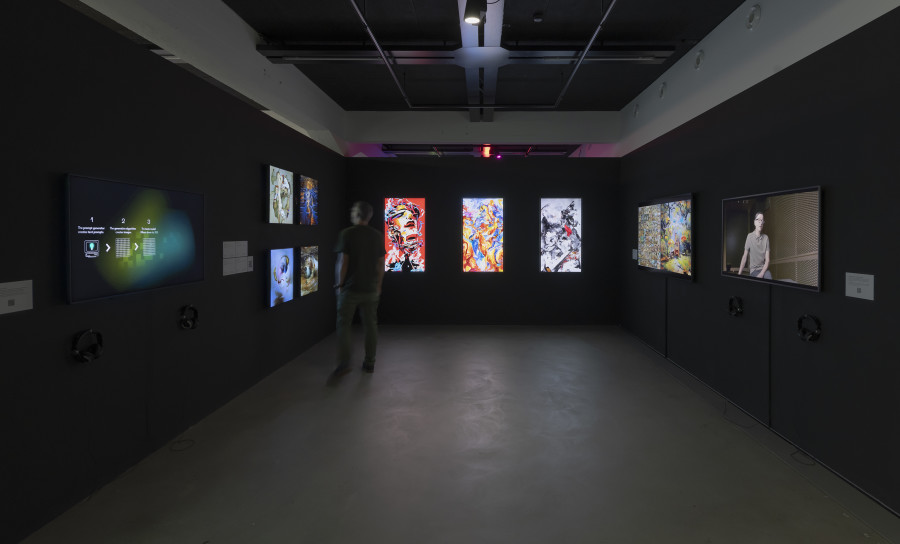 Botto, Asymmetrical Liberation, 2021, Cold Setting, 2022, Broke Tear, 2022, Fully See, 2022, A Brush With Arts, 2022, Forgotten Battle Residue, 2023, Cycles of Expressing, 2023, A Cluster #69, 2022, exhibition view «Collective Worldbuilding – Art in the Metaverse», 2023, HEK, Photo: Franz Wamhof