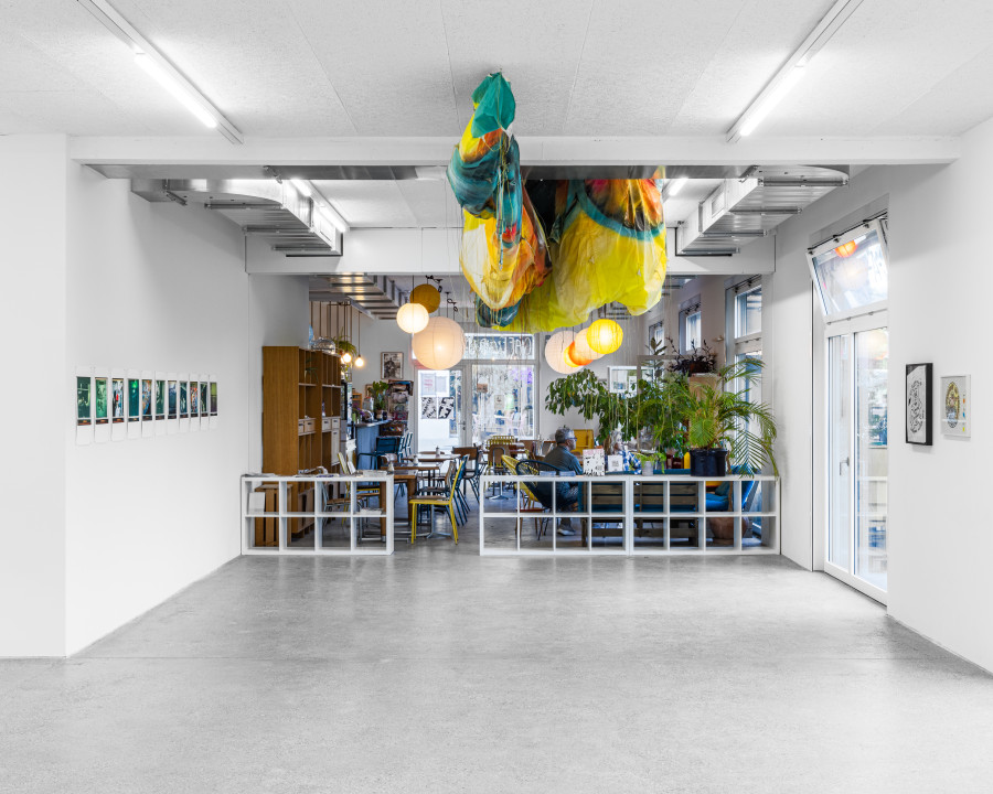 Exhibition view « La déferlante hip hop », (l. to r.) Koze, César Bilavie, Keith Haring, CALM - Centre d'Art La Meute, Lausanne, Switzerland, 2025 / Photo: Théo Dufloo / Courtesy of the artists, Gymnase du Bugnon and private coll.
