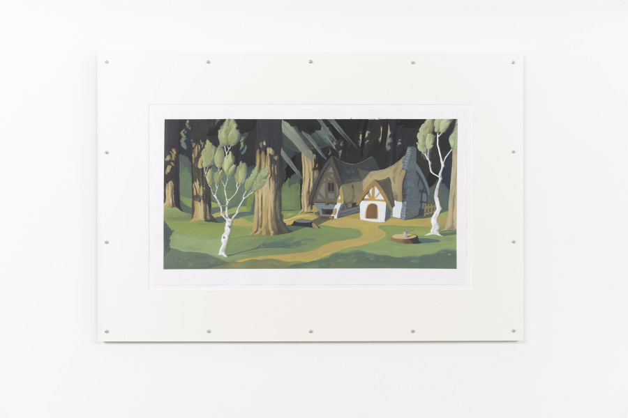 Julian Irlinger, Cel animation background (cottage, axe, forest, fir, daylight), 2024, Gouache and ink on paper, artist frame, 72 × 106 cm (framed). Damien & The Love Guru, 2024. Courtesy of the artist and Damien & The Love Guru, Brussels/Zürich. Photo: Claude Barrault