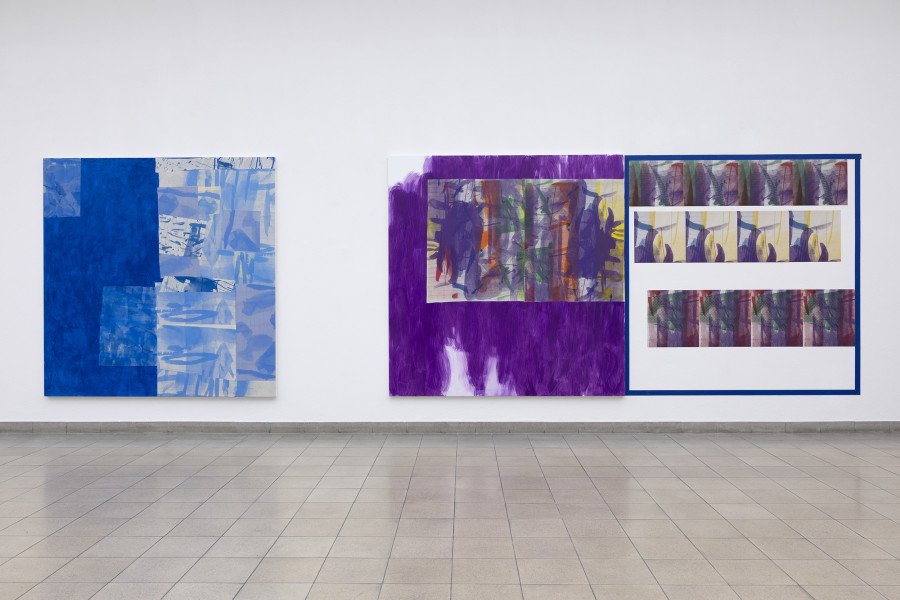 Rochelle Feinstein, The Today Show, installation view, Kunsthaus Glarus, 2025. Photo: Gina Folly. Courtesy the artist and Candice Madey Gallery. Present Imperative, 2024, Acrylic, silkscreen on muslin, 213.4 x 208.3 cm / 84 x 82 in. Present Indicative (LK), 2024, Acrylic, silkscreen on muslin on canvas, 213.4 x 208.3 cm / 84 x 82 in. Trauma Buddies, Violet, 2024, UV print on fabric, blue painters tape, 213.4 x 208.3 cm / 84 x 82 in