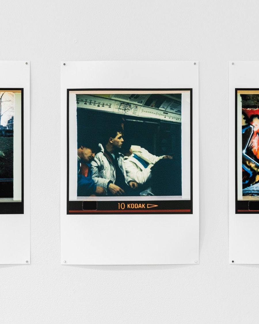 Exhibition view « La déferlante hip hop », Koze, First trip to London (Sena, center, Just One on right and a friend on left), 1986, 48,5 x 33 cm , photograph, detail, CALM - Centre d'Art La Meute, Lausanne, Switzerland, 2025 / Photo: Théo Dufloo / Courtesy of the artist.