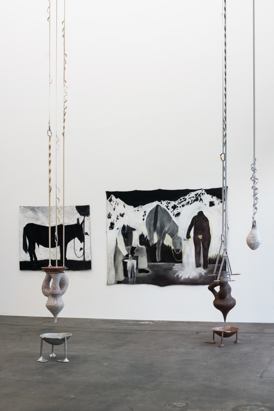 Á. Birna Björnsdóttir, All streams lead to the sea and every tear seeks its mother, 2025; Tina Janiashvili, Vocabulary of a language; Performative narrative; Lucid vocabulary 1 – 4; Unfixed narrative, 2025  Installation view Revolt Against the Sun!, Graduation Exhibition Bachelor and Master Institute Art Gender Nature HGK Basel FHNW, Kunsthaus Baselland, 2025, photo: Christian Knörr