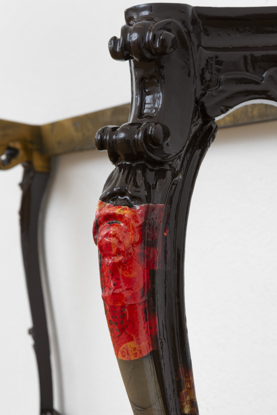 Virginia Ariu, What beast should I adore, 2025, Wood, magazine clippings, varnish, primer, vinyl glue, 84 x 116 x 30.5 cm. Exhibition view, Virginia Ariu, Exercises of Abstraction, Sentiment, Zürich, 2025. Photo credit: Philipp Rupp / Julien Gremaud. Courtesy of the artist and Sentiment