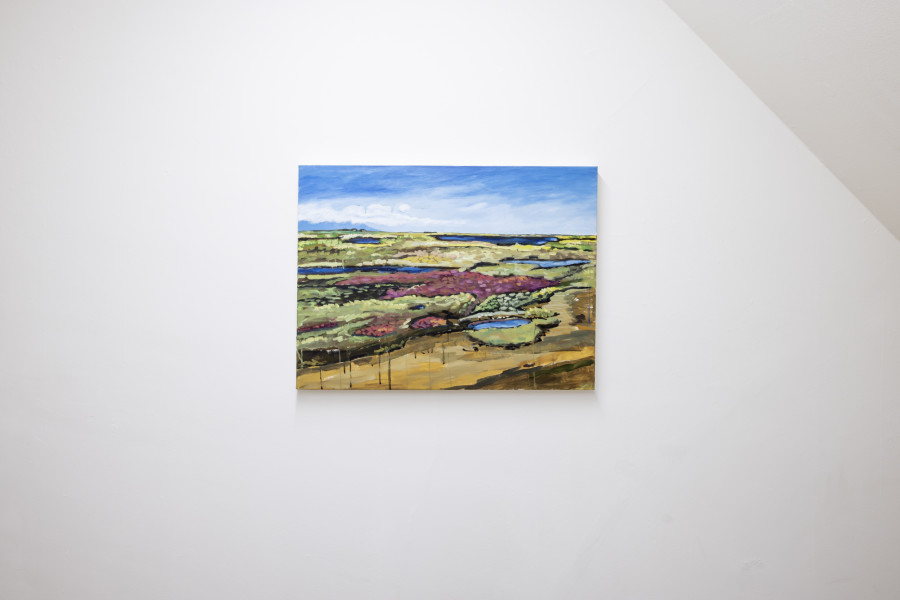 Exhibition View Solo Show Yota Tsotra «Wor(l)ds of borders; view on Yota Tsotra, Landscape of a New World IX, 2025, oil on canvas, 80 cm x 60 cm» at Peripherie 8, Basel, 2025 / Photo: Stefan Schmidlin / Courtesy: Peripherie 8