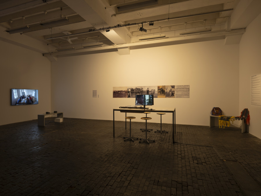 Exhibition view of Re/member Your House with the project the AfroGreeks by Døcumatism and a solo show by Menelaos Karamaghiolis at Centre d’Art Contemporain Genève (November 1st‒December 23, 2023). © Centre d’Art Contemporain Genève. Photo: Julien Gremaud