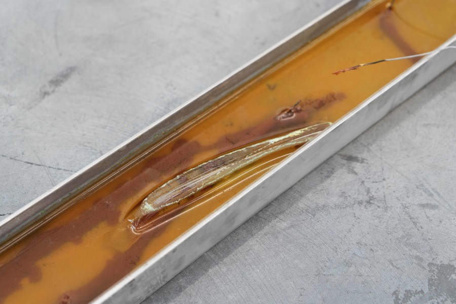 Conteneur (23), (detail) 2023, Stainless steel, plastic, water, copper sulfate, steel wires, glass, 190 x 9 x 4 cm. Photography courtesy Zoé Aubry and Looming
