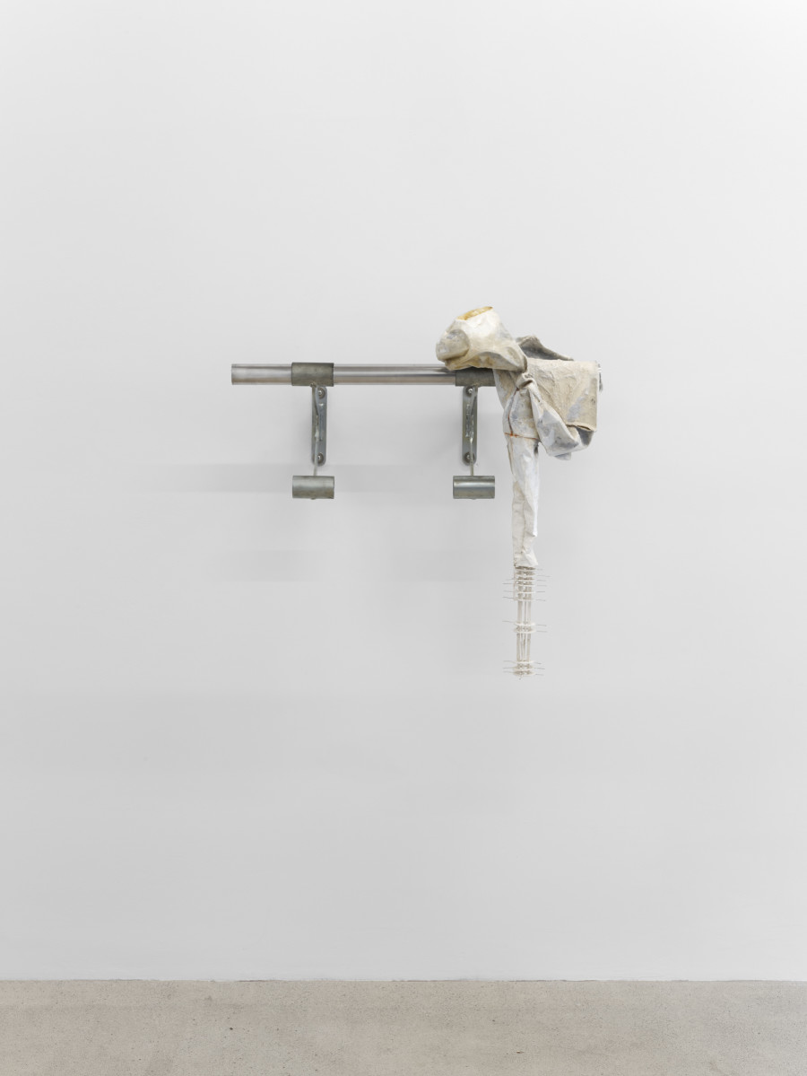 Christiane Blattmann, Dependers, 2025, Barre holders, aluminum, encaustic on jesmonite, stucco plaster and canvas, archival cardboard, steel, 59 × 20 × 29 cm. Damien & The Love Guru, 2025. Courtesy of the artist and Damien & The Love Guru, Brussels/Zurich. Photography : Felix Jungo