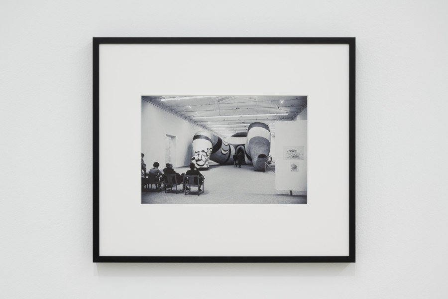 View of Untitled (“She – A Cathedral” by Niki de Saint Phalle, Moderna Museet, Stockholm) 1966, Inkjet print on paper, 2026, 32 x 38 cm, framed, at Ausstellungsraum Klingental, Basel, 2026 / Photo: Finn Curry / © Maria Netter, SIK- ISEA (Zürich); Courtesy: Fotostiftung Schweiz, Diogo Pinto