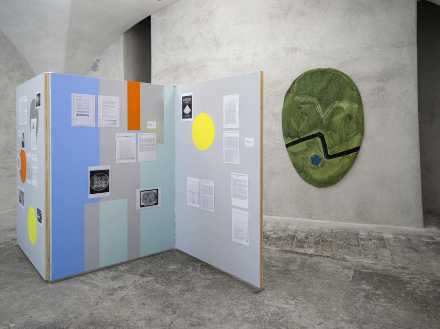 Exhibition view Sophie Taeuber-Arp / Mai-Thu Perret «Ich bin wü ü ü ü ü ü ü ü tend», Cabaret Voltaire 2022; Mai-Thu Perret, Untitled (for S.T.), 2022; Mai-Thu Perret, Untitled (Green Oval), 2018. Photo: Cedric Mussano