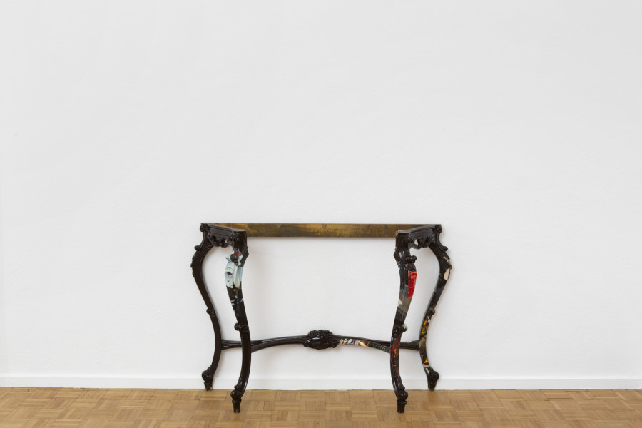 Virginia Ariu, What beast should I adore, 2025, Wood, magazine clippings, varnish, primer, vinyl glue, 84 x 116 x 30.5 cm. Exhibition view, Virginia Ariu, Exercises of Abstraction, Sentiment, Zürich, 2025. Photo credit: Philipp Rupp / Julien Gremaud. Courtesy of the artist and Sentiment