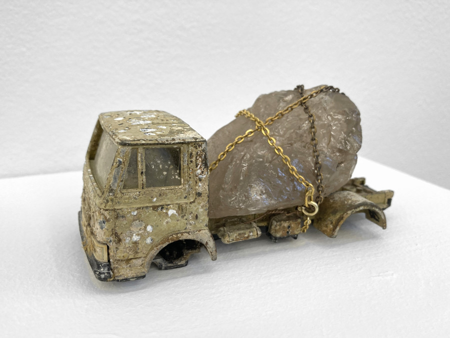 Bernhard Schobinger, Untitled, 2023, Toy truck found underwater, smoky quartz, gold chain, 6 x 13 x 5.5 cm