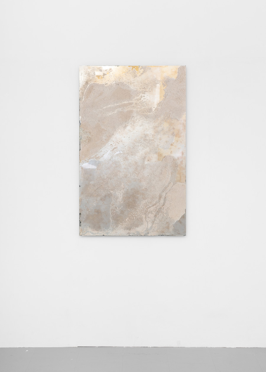 Lucia Cristiani, Salty Lick, 2025. Etched mirror, sea salt, potassium, brown seaweed, metal spheres, 77x123 cm. Courtesy of the Artist and La Rada, Locarno. Photography by Riccardo Giancola. Images courtesy of artists and La Rada, Photography by Riccardo Giancola (@riccardo_giancola) and Emanuele Finardi (@e.m.hey)