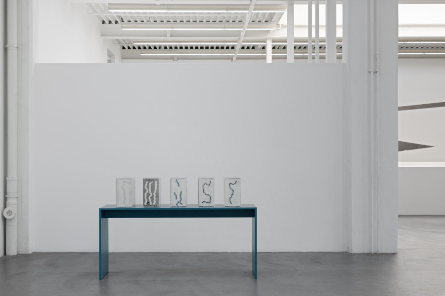 Dadi Wirz, 86 Rivers, 2020–2021 Farbstift-Zeichnungen auf Karton je 28 × 15 cm. Installation view Kunsthaus Baselland. Photo: Gina Folly