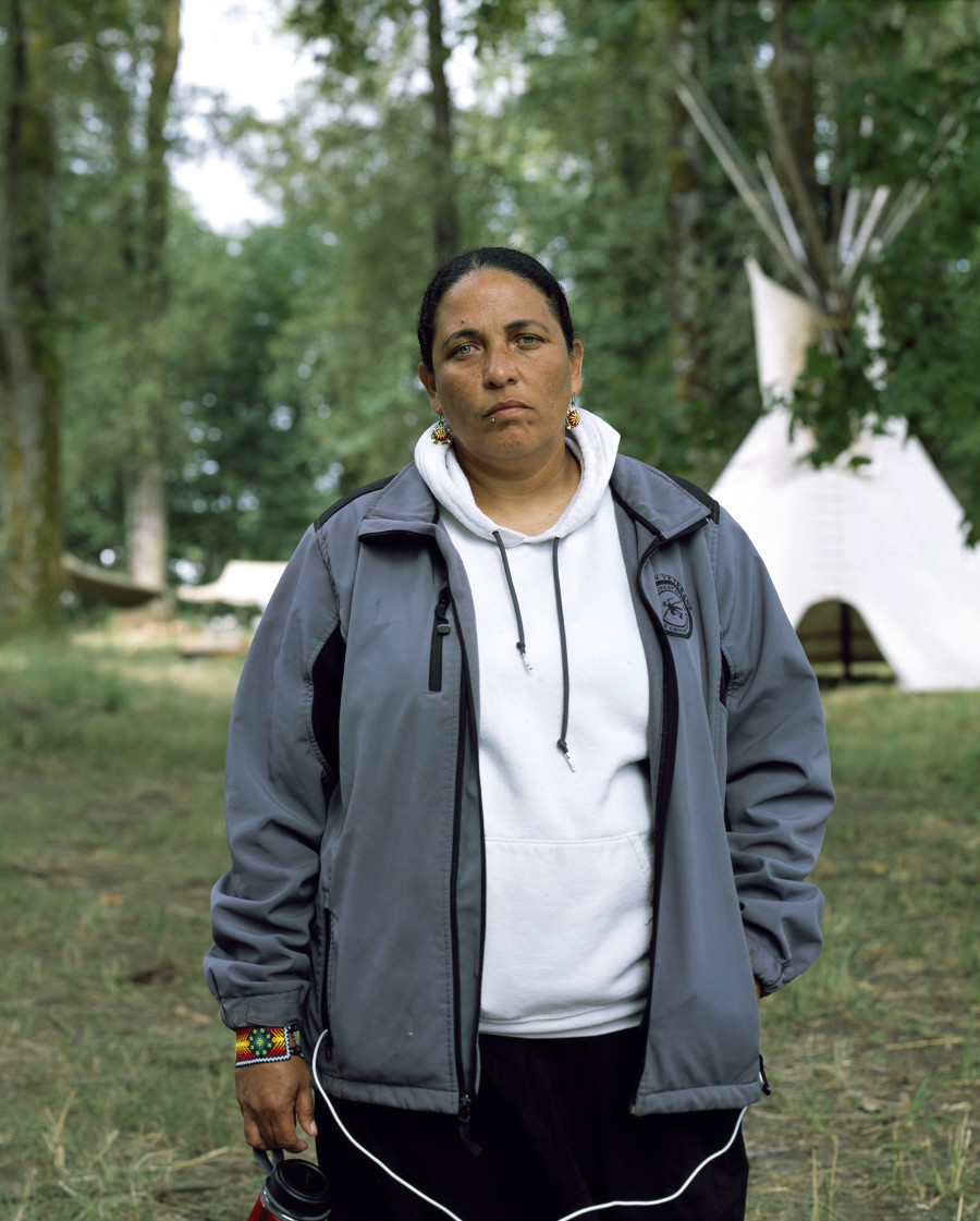 Cherri Foytlin of the Navajo Diné Nation, leader of the Bayou Bridge Pipeline opposition movement and founder of Water is life Camp. Protecting Mother Earth Conference, Wa He Lut Indian School, Olympia, Washington, July 1, 2018. Inkjet print (Canson Baryta Photographique paper) mounted on Dibond, Plexiglas box, 157 x 126 x 5 cm, Ed. 1/3 + 2 AP