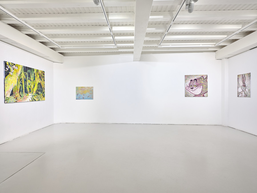 Almost tender, Exhibition view, 2026, Ferme de la Chapelle. © Photo by Nicolas Delaroche Studio. From left to right: The Company of Wolves, 2026, acrylic and oil on canvas, 100 × 150 cm, Fly Away Home, 2026, acrylic and oil on canvas, 50 × 70 cm, Tom, 2026, acrylic and oil on canvas, 80 × 80 cm, What’s up, doc?, 2026, acrylic and oil on canvas, 70 × 50 cm