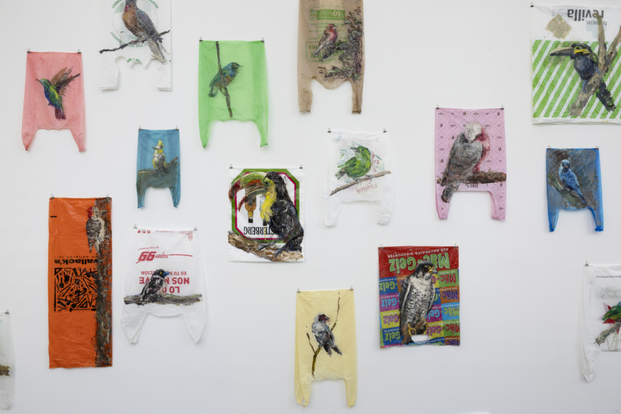 Stefan Auf der Maur, Human Legacy, 2019-2023, Öl auf Plastiksack, Masse variabel. Installation view Kunsthaus Baselland. Photo: Gina Folly