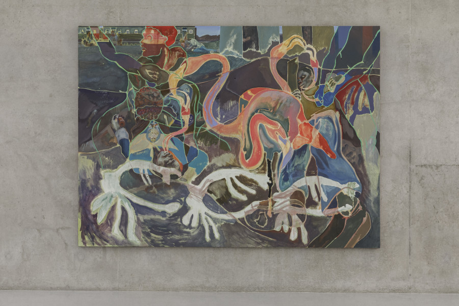 Michael Armitage, Three Boys at Dawn, 2022, Installation view third floor Kunsthaus Bregenz, 2023. Photo: Markus Tretter. Courtesy of the artist and White Cube. © Michael Armitage, Kunsthaus Bregenz