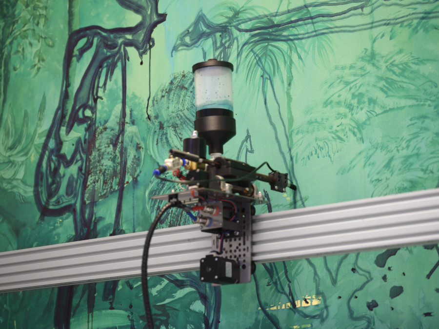 Bagus Pandega and Kei Imazu, Artificial Green by Nature Green v.5, detail, in: Bagus Pandega, Sumber Alam, Kunsthalle Basel, 2025, photo: Philipp Hänger / Kunsthalle Basel