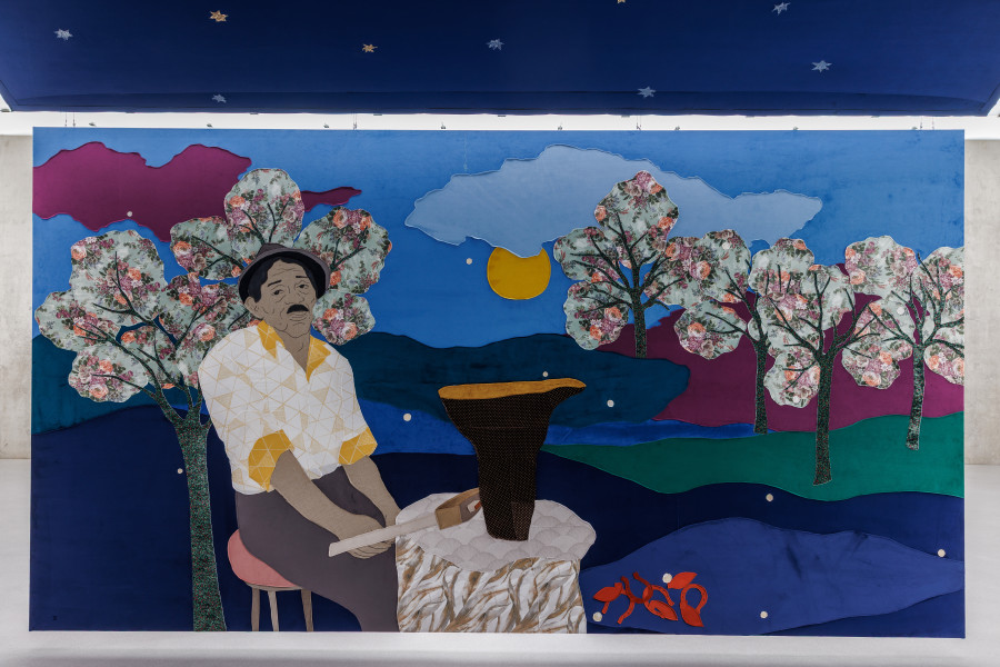 Małgorzata Mirga-Tas, Tełe Ćerhenia Jekh Jag, Exhibition view second floor Kunsthaus Bregenz, 2025, Kovacic Gusteko (Blacksmith Augustyn), 2025. Photo: Markus Tretter. © Małgorzata Mirga-Tas, Kunsthaus Bregenz. Courtesy of the artist, Foksal Gallery Foundation, Warsaw, Frith Street Gallery, London, Karma International, Zurich