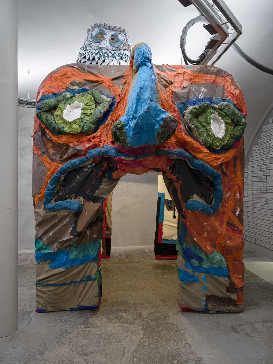 Exhibition view Monster Chetwynd «Profusion Protrusion», Cabaret Voltaire 2023; Monster Chetwynd, Il Tetto, 2017. Photo: Cedric Mussano.