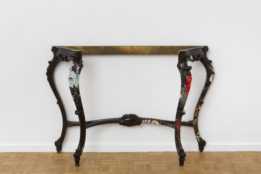 Virginia Ariu, What beast should I adore, 2025, Wood, magazine clippings, varnish, primer, vinyl glue, 84 x 116 x 30.5 cm. Exhibition view, Virginia Ariu, Exercises of Abstraction, Sentiment, Zürich, 2025. Photo credit: Philipp Rupp / Julien Gremaud. Courtesy of the artist and Sentiment