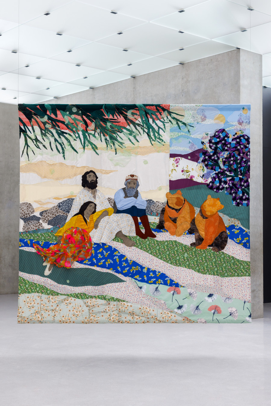 Małgorzata Mirga-Tas, Tełe Ćerhenia Jekh Jag, Exhibition view third floor Kunsthaus Bregenz, 2025, Ando ada dziwes judut deł amengie zor (Light from the day gives us a lot of strength), 2025. Photo: Markus Tretter. © Małgorzata Mirga-Tas, Kunsthaus Bregenz. Courtesy of the artist, Foksal Gallery Foundation, Warsaw, Frith Street Gallery, London, Karma International, Zurich