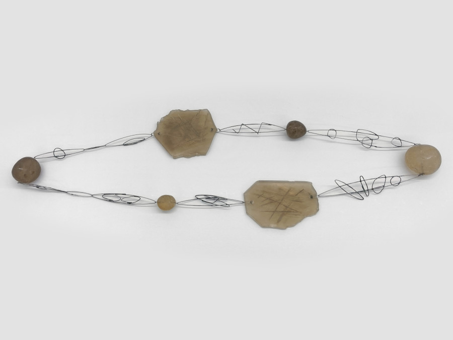 Bernhard Schobinger, Untitled, n.d., Necklace made of smoky quartz, rock crystal, gold drawing on rock crystal, stainless steel, 54.5 x 13.5 x 3 cm, Neckline 114 cm