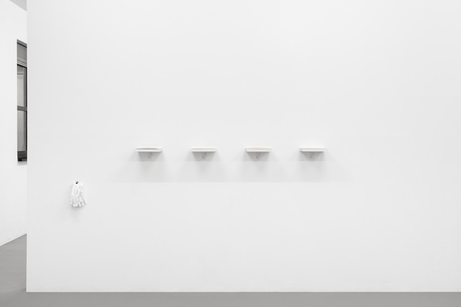 Jacopo Valentini, From the series Paesaggi da Tavola (Trattoria Due Platani - Trattoria Entrà - Osteria di Medicina - Da Lucio Trattoria), 2023. Inkjet print, wood and cotton gloves, 20 x 220 cm. Courtesy of the Artists and La Rada, Locarno. Photography by Riccardo Giancola