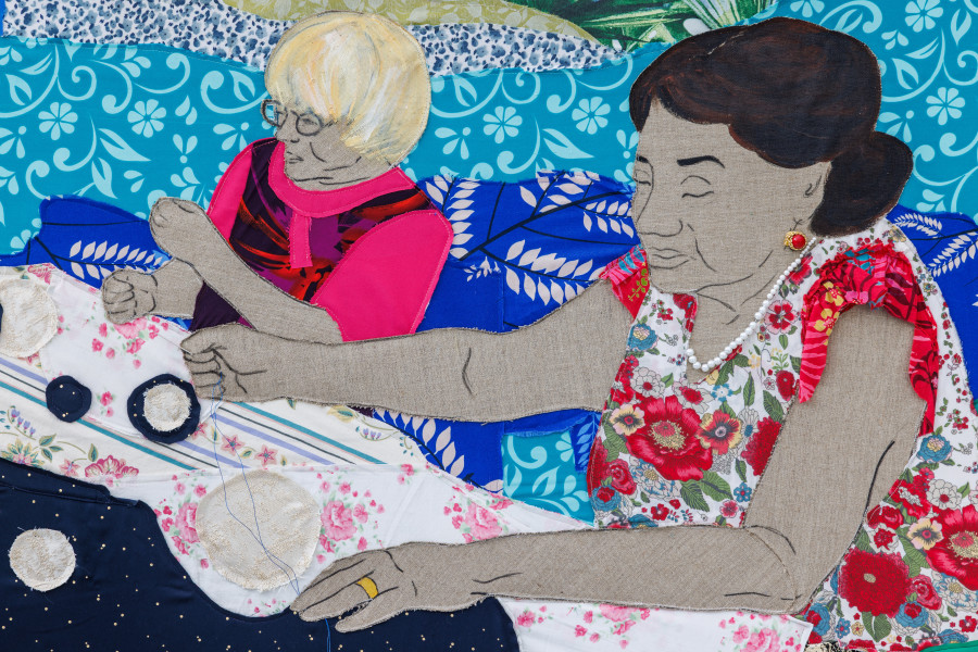 Małgorzata Mirga-Tas, Tełe Ćerhenia Jekh Jag, Detail view first floor Kunsthaus Bregenz, 2025, Jangare’s Magic is in our hands, 2025. Photo: Markus Tretter. © Małgorzata Mirga-Tas, Kunsthaus Bregenz. Courtesy of the artist, Foksal Gallery Foundation, Warsaw, Frith Street Gallery, London, Karma International, Zurich