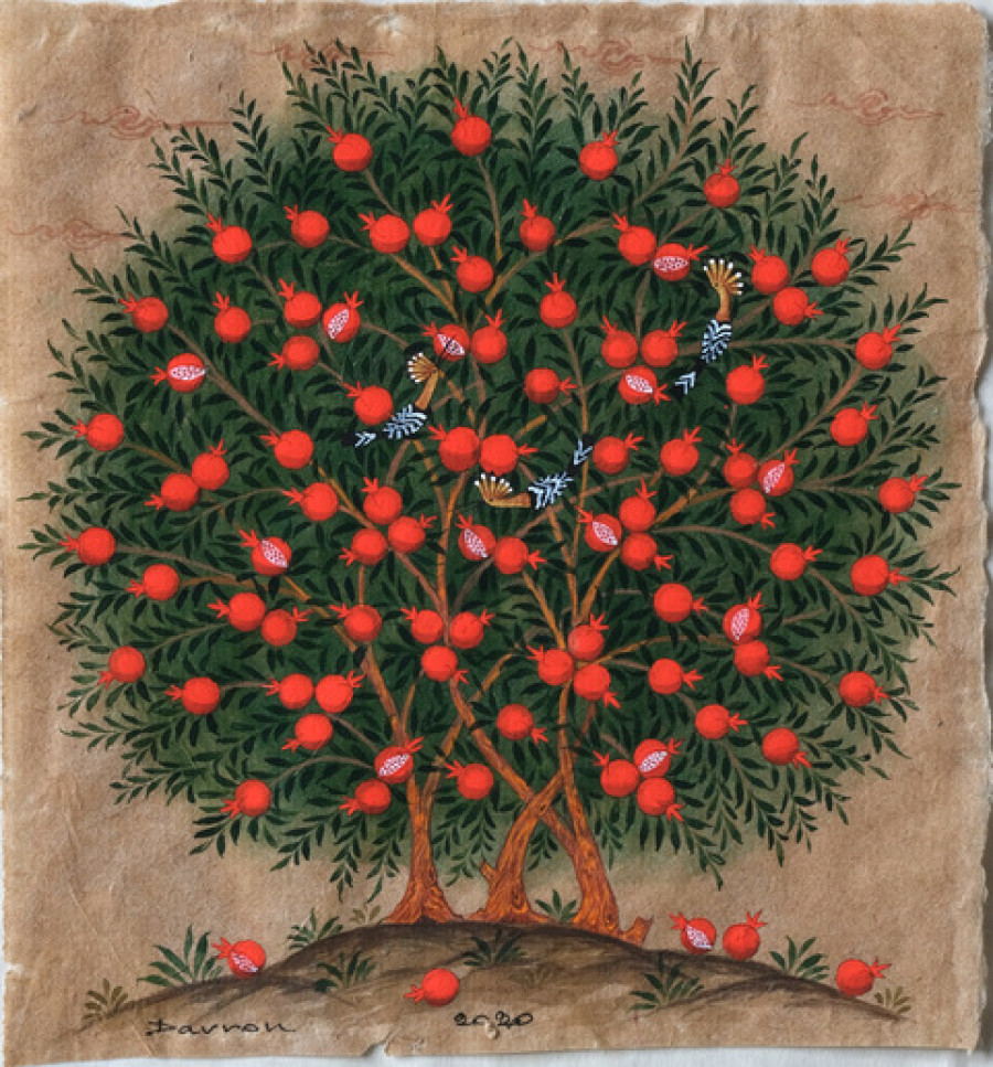Davron Toshev, a pomegranate tree, Tempera, Aquarell auf Seidenpapier 2020, 16 x 17.5 cm