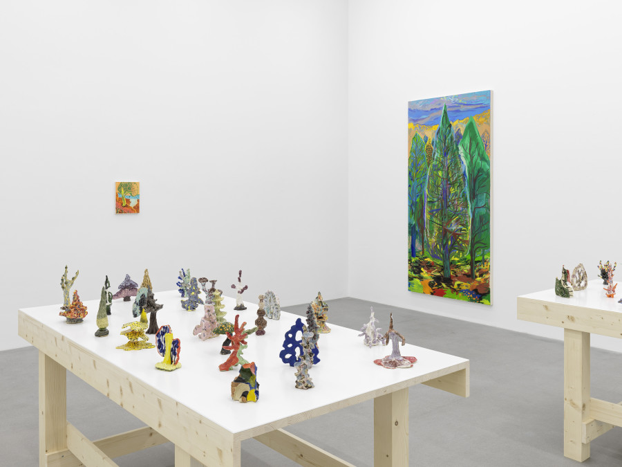 Installation view, Shara Hughes, Tree Farm, Galerie Eva Presenhuber, Waldmannstrasse, Zurich, 2024. © Shara Hughes. Courtesy the artist and Galerie Eva Presenhuber, Zurich / Vienna. Photo: Stefan Altenburger Photography, Zürich