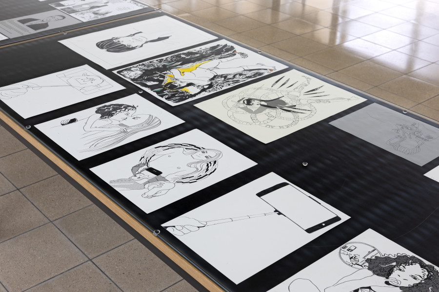 Linda Bilda, Die goldene Welt, installation view, Kunsthaus Glarus, 2025. Photo: Gina Folly. Drawings, sketches, posters, collages, 1997–2019, Pencil, fiber pen, ink and copies on paper, Estate Linda Bilda