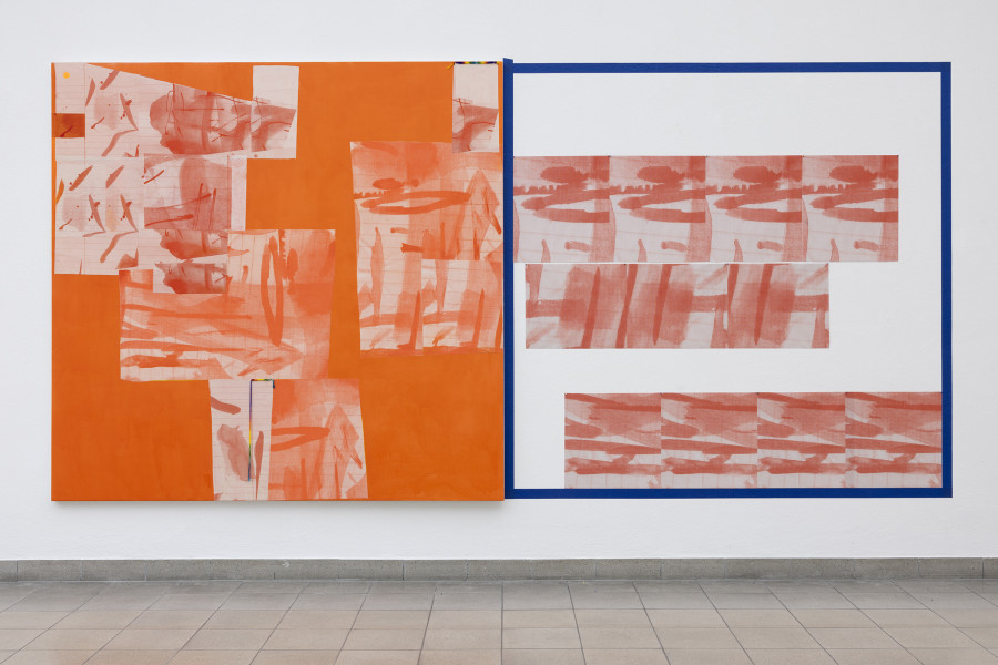 Rochelle Feinstein, The Today Show, installation view, Kunsthaus Glarus, 2025. Photo: Gina Folly. Courtesy the artist and Candice Madey Gallery. Present Perfect, 2024, Acrylic, hand dyed yarn, silkscreen on muslin and Kozo paper on canvas, 213.4 x 208.3 cm / 84 x 82 in. Trauma Buddies, Orange, 2024, UV print on fabric, blue painters tape, 213.4 x 208.3 cm / 84 x 82 in