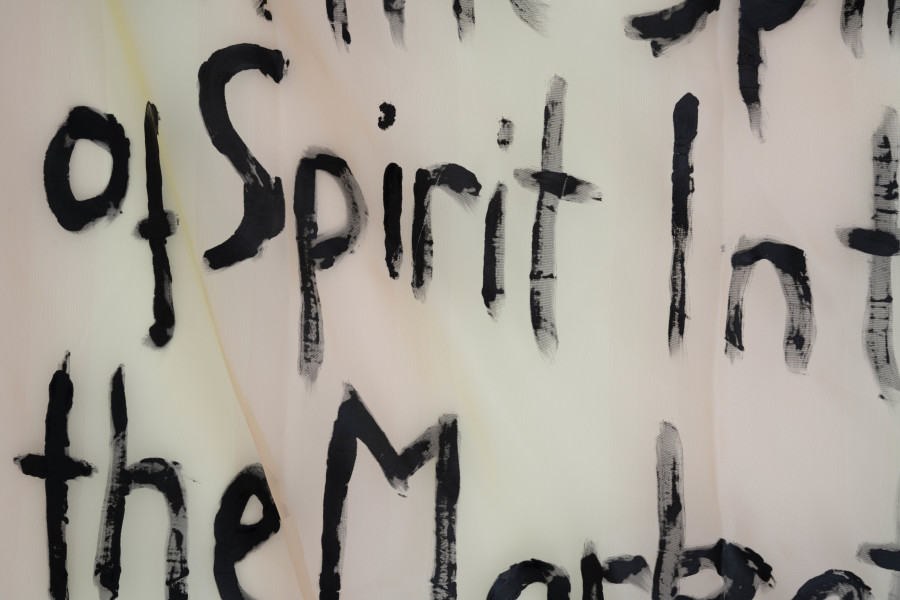 Billy Morgan, Detail of Red Letters (Spirit), 2025, acrylic on fabric, 164 × 178 cm. On view at the solo show Lackadaisies, curated by marytwo, jevouspropose, Zurich, 2025. Courtesy the artist and marytwo. Photo: marytwo, Elvira Baettig