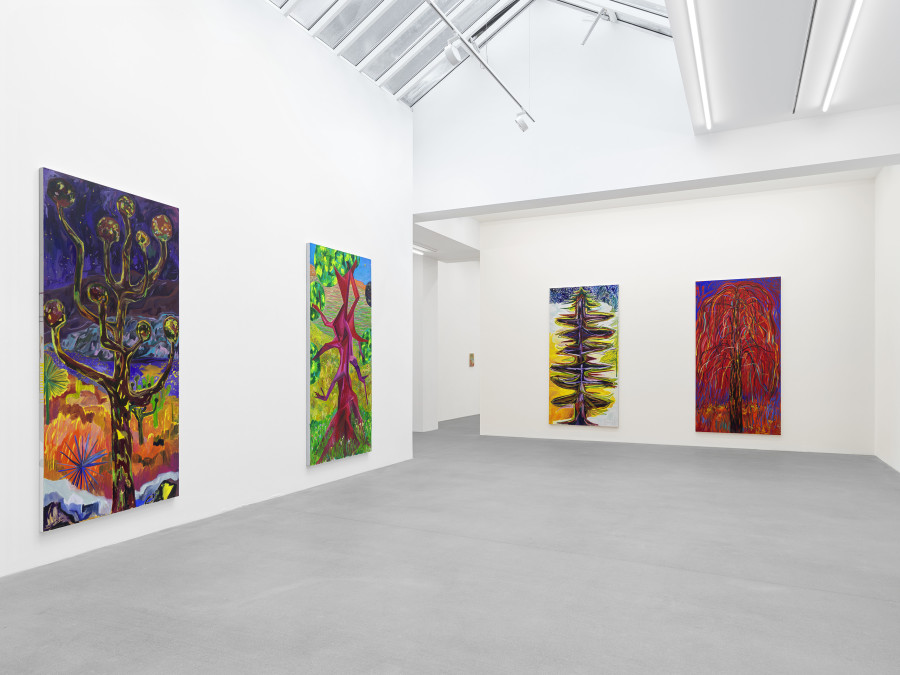 Installation view, Shara Hughes, Tree Farm, Galerie Eva Presenhuber, Waldmannstrasse, Zurich, 2024. © Shara Hughes. Courtesy the artist and Galerie Eva Presenhuber, Zurich / Vienna. Photo: Stefan Altenburger Photography, Zürich