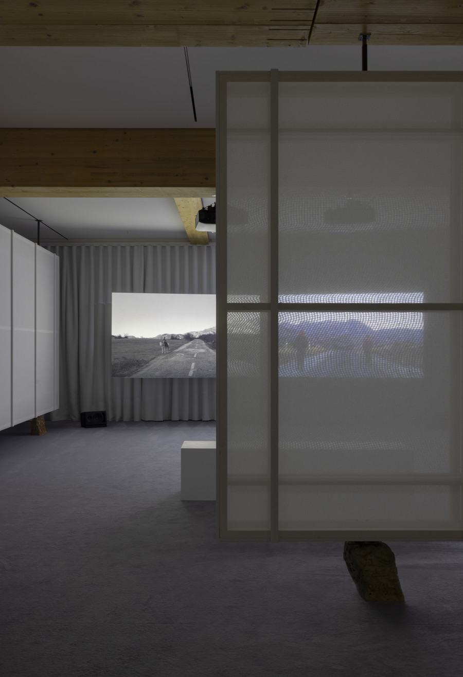 Adrian Paci, The Wanderers, 2021. Installation view of “Lantern With No Walls”, Fondazione In Between Art Film at Tarmak 22, Gstaad, 2024. Courtesy of the artist; kaufmann repetto, Milan/New York; Peter Kilchmann Gallery, Zurich; and Fondazione In Between Art Film. Photo: Andrea Rossetti