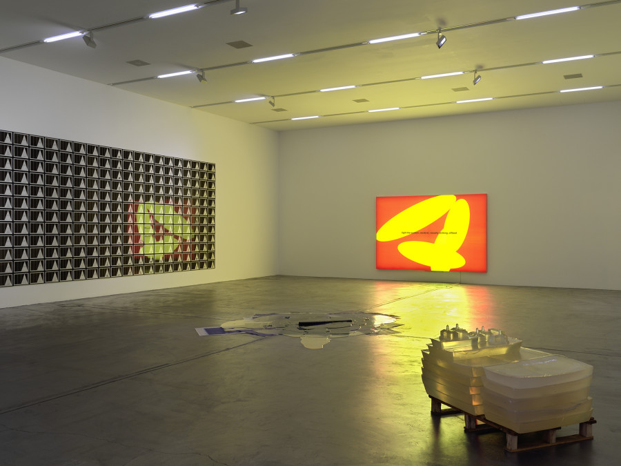 Exhibition view Aus den Fugen - Momente der Störung 2, Migros Museum für Gegenwartskunst, Hanne Darboven, Welttheater , 1979, Nora Turato, fight the system, cerebral, visually striking, offbeat , 2021, Florian Germann, The Poltergeist Experimental Group (PEG) Applied Spirituality and Physical Spirit Manifestation (detail), 2011, Sammlung Migros Museum für Gegenwartskunst, © the artists. Photo: Stefan Altenburger Photography, Zurich