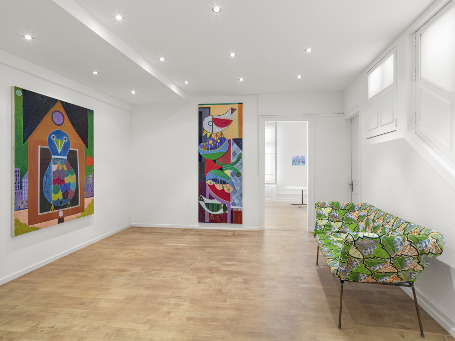 Installation view, Joe Bradley, Austin Eddy, Karen Kilimnik, Ugo Rondinone, Josh Smith, Franz West, Galerie Eva Presenhuber, Troisième Étage, Waldmannstrasse, Zurich, 2025. © the artists. Courtesy the artists and Galerie Eva Presenhuber, Zurich / Vienna. Photo: Stefan Altenburger Photography, Zürich