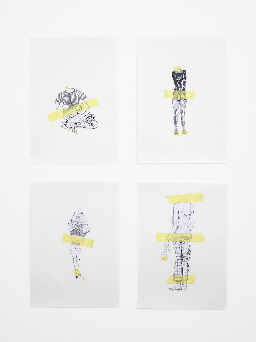 Costanza Candeloro, not titled, 29.7 × 21 cm, 2023; not titled, 29.7 × 21 cm, 2023; not titled, 29.7 × 21 cm, 2023; not titled, 29.7 × 21 cm, 2023; Paper collage, tape / Photo: Cedric Mussano / Courtesy: The artist, Kirchgasse Gallery, Steckborn and Martina Simeti, Milan