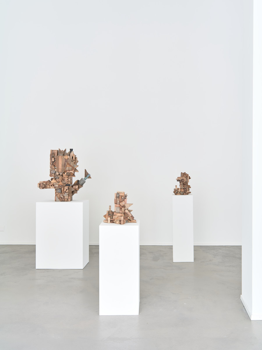 Kemang Wa Lehulere, Library 1, 2021, Wood from salvaged school desks, 70 x 64 x 48 cm. Library 10, 2021, Wood from salvaged school desks, 30 x 32 x 23 cm. Library 12, 2021, Wood from salvaged school desks, 32 x 35 x 26 cm. Photo: Max Ehrengruber, Courtesy of the artist and Galerie Tschudi